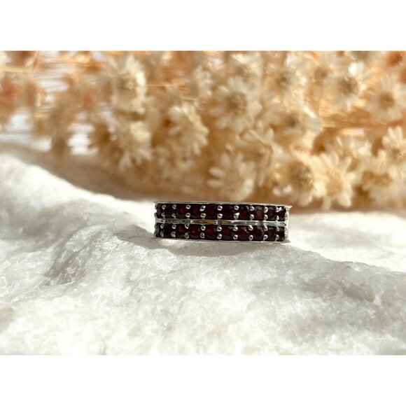 Cigar Band Row Set Dark Garnet 925 Sterling Silver Vintage Ring - sz 9 - Picture 7 of 14
